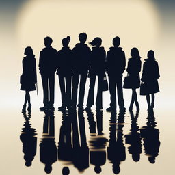 A high-quality digital art image that illustrates the silhouette of a group of ten friends, six males and four females, who now appear older