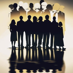 A high-quality digital art image that illustrates the silhouette of a group of ten friends, six males and four females, who now appear older