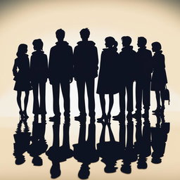 A high-quality digital art image that illustrates the silhouette of a group of ten friends, six males and four females, who now appear older