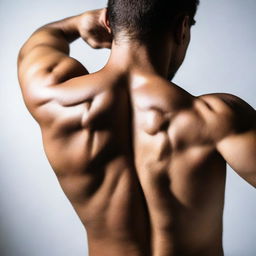 A close up perspective of a person's back, highlighting muscular definition and contours.