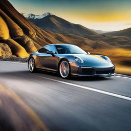 A high-definition poster featuring a sleek, stunning Porsche 911 in dynamic motion against a vibrant, dramatic backdrop.