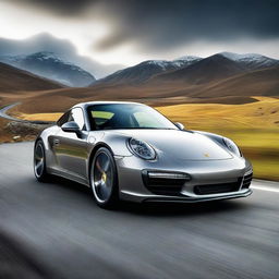 A high-definition poster featuring a sleek, stunning Porsche 911 in dynamic motion against a vibrant, dramatic backdrop.