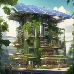 A solar-powered cooperative in a solarpunk style, lush with rich green vegetation and brimming with high tech, eco-friendly technology.