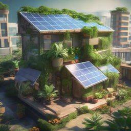 A solar-powered cooperative in a solarpunk style, lush with rich green vegetation and brimming with high tech, eco-friendly technology.