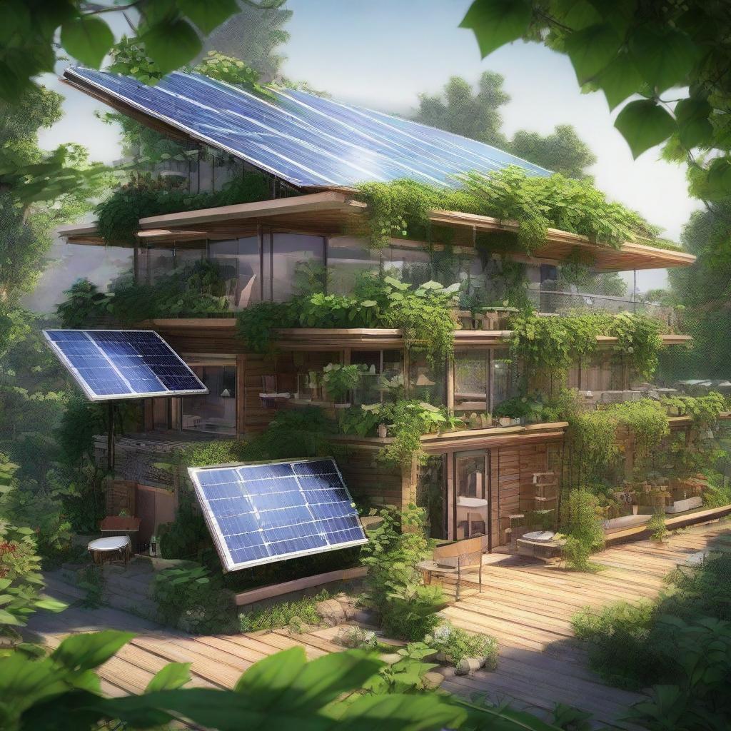 A solar-powered cooperative in a solarpunk style, lush with rich green vegetation and brimming with high tech, eco-friendly technology.