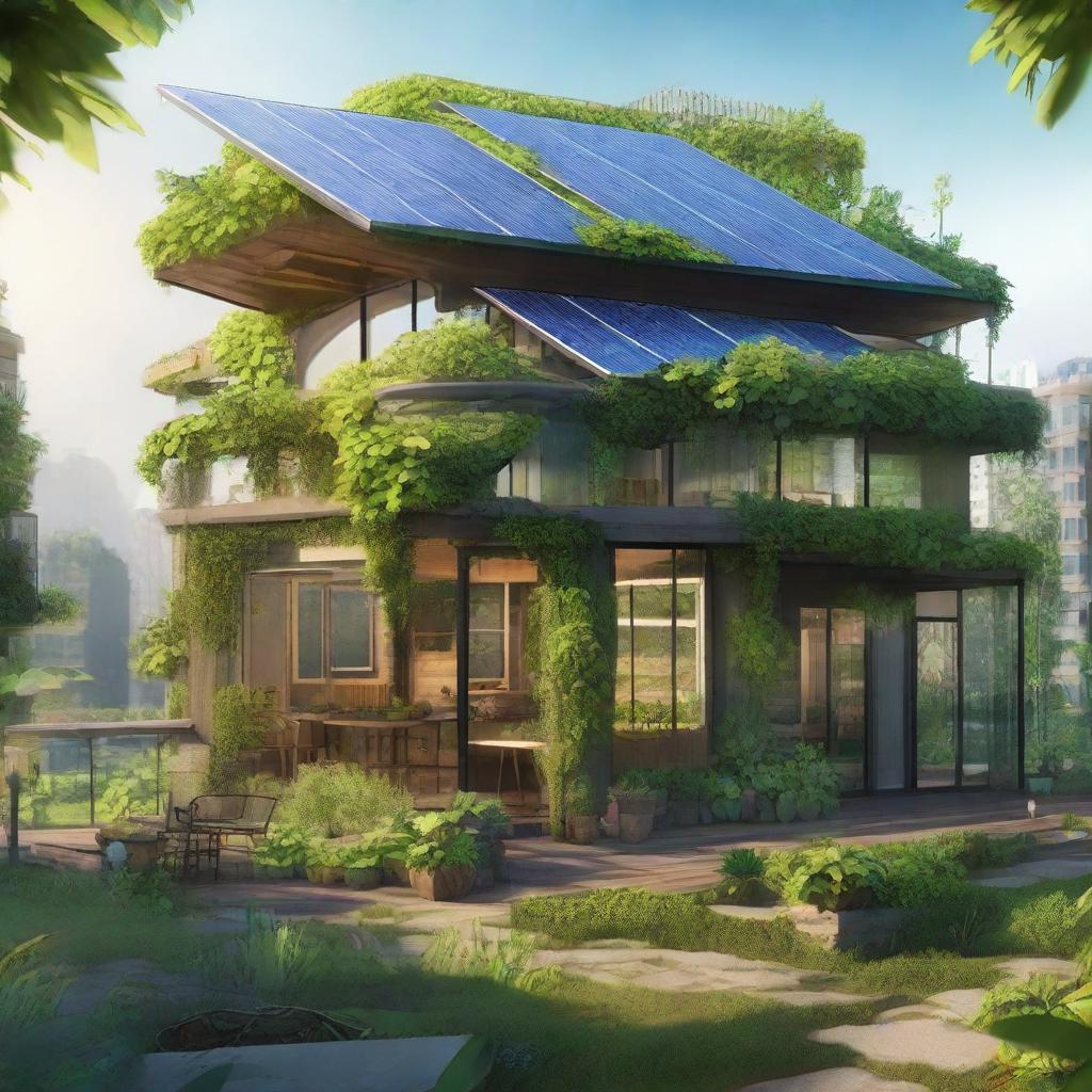 A solar-powered cooperative in a solarpunk style, lush with rich green vegetation and brimming with high tech, eco-friendly technology.