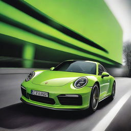 Revise the high-definition poster, now featuring the Porsche 911 in striking, eye-catching lime green, spiriting away in dynamic motion against the vibrant, dramatic backdrop.