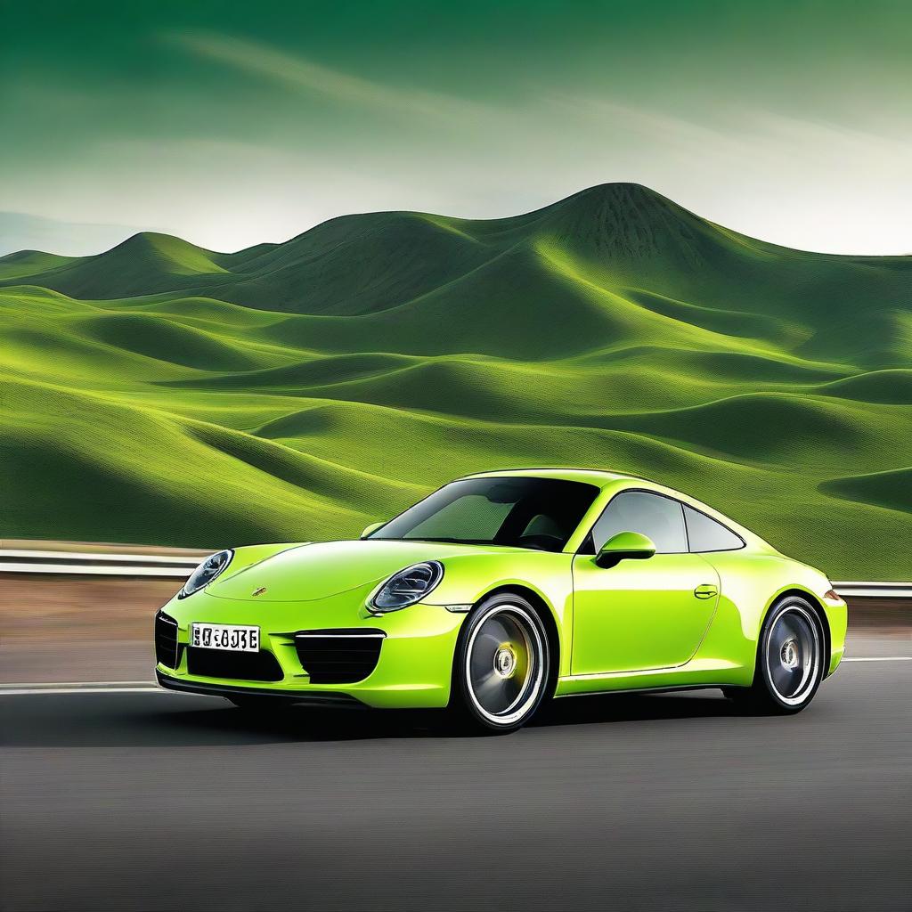 Revise the high-definition poster, now featuring the Porsche 911 in striking, eye-catching lime green, spiriting away in dynamic motion against the vibrant, dramatic backdrop.