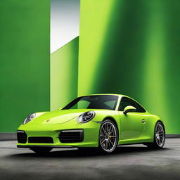 Revise the high-definition poster, now featuring the Porsche 911 in striking, eye-catching lime green, spiriting away in dynamic motion against the vibrant, dramatic backdrop.