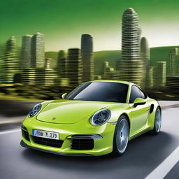 Revise the high-definition poster, now featuring the Porsche 911 in striking, eye-catching lime green, spiriting away in dynamic motion against the vibrant, dramatic backdrop.