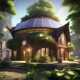 A solarpunk-style guild hall, aglow with soft solar powered lights, surrounded by lush greenery, and equipped with sustainable technology.