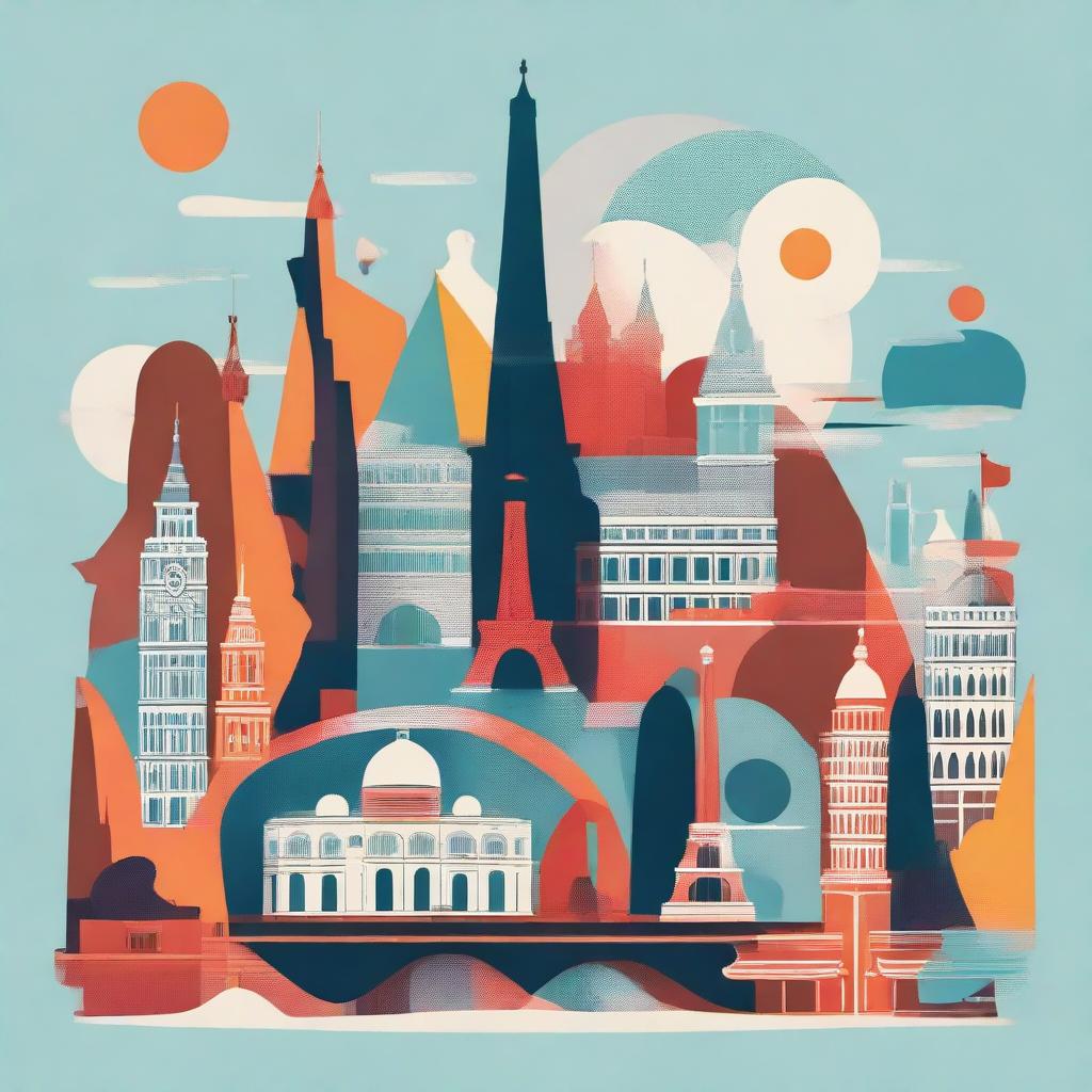 An abstract image of famous landmarks grouped together in a whimsical conglomerate.