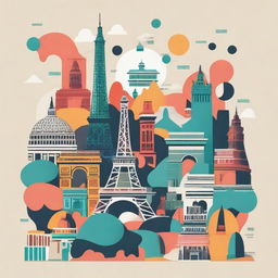 An abstract image of famous landmarks grouped together in a whimsical conglomerate.