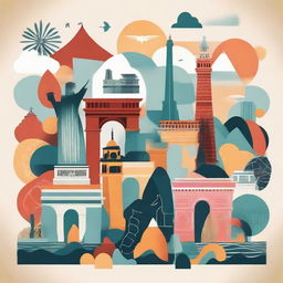 An abstract image of famous landmarks grouped together in a whimsical conglomerate.