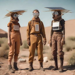 Populus people living in a Solarpunk environment with solar-powered, sustainable technology, dressed in eco-conscious outfits consisting of recycled materials and earth-toned hues.