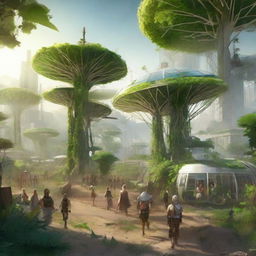 Populus people living in a Solarpunk environment, surrounded by an abundance of lush, exotic vegetation and technologically advanced, solar-powered structures.