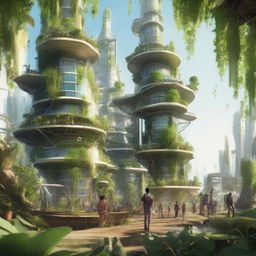 Populus people living in a Solarpunk environment, surrounded by an abundance of lush, exotic vegetation and technologically advanced, solar-powered structures.