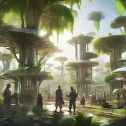 Populus people living in a Solarpunk environment, surrounded by an abundance of lush, exotic vegetation and technologically advanced, solar-powered structures.