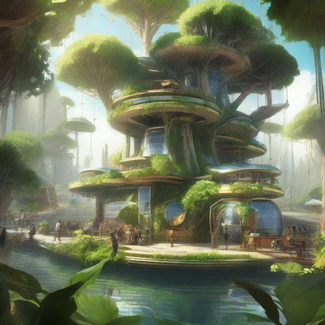 Populus people living in a Solarpunk environment, surrounded by an abundance of lush, exotic vegetation and technologically advanced, solar-powered structures.