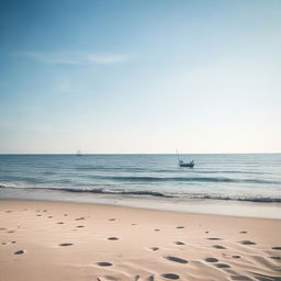 A serene ocean scene with a solitary boat gently rocking on the calming waves under a clear sky