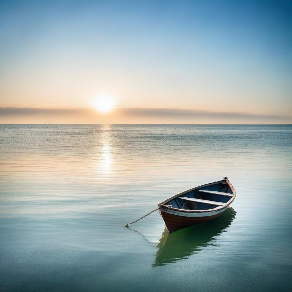 A serene ocean scene with a solitary boat gently rocking on the calming waves under a clear sky