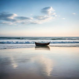 A serene ocean scene with a solitary boat gently rocking on the calming waves under a clear sky