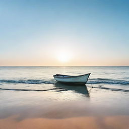 A serene ocean scene with a solitary boat gently rocking on the calming waves under a clear sky