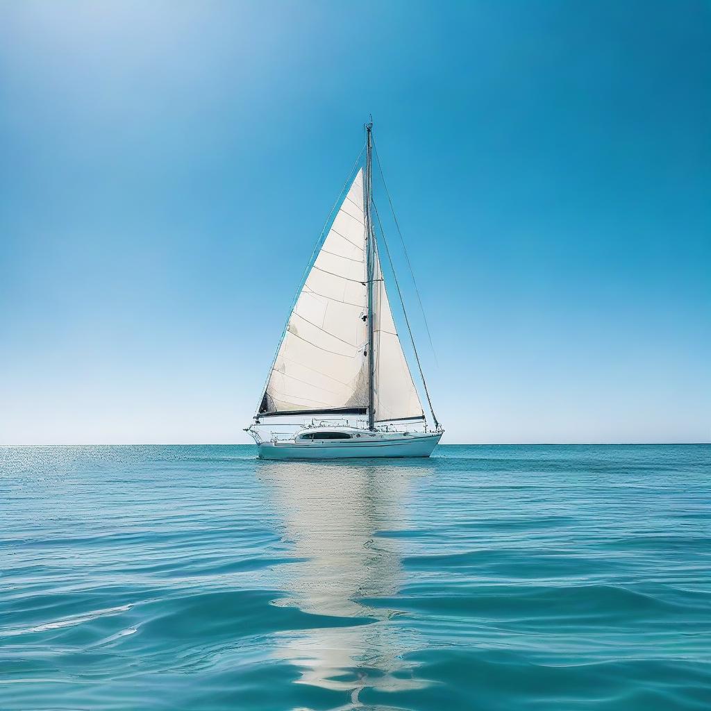 A pristine boat gracefully sailing in the vast, open turquoise ocean under a clear, sunny sky.