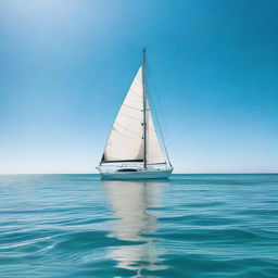 A pristine boat gracefully sailing in the vast, open turquoise ocean under a clear, sunny sky.