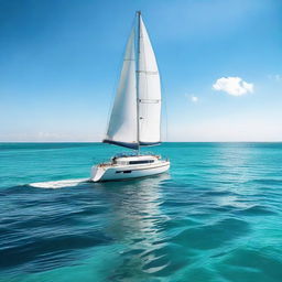 A pristine boat gracefully sailing in the vast, open turquoise ocean under a clear, sunny sky.