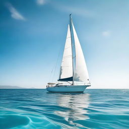 A pristine boat gracefully sailing in the vast, open turquoise ocean under a clear, sunny sky.