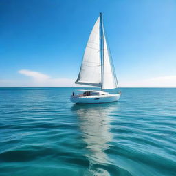 A pristine boat gracefully sailing in the vast, open turquoise ocean under a clear, sunny sky.