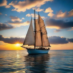 An antique sailboat, navigating through the vast, deep blue ocean under a vibrant sky at sunset.