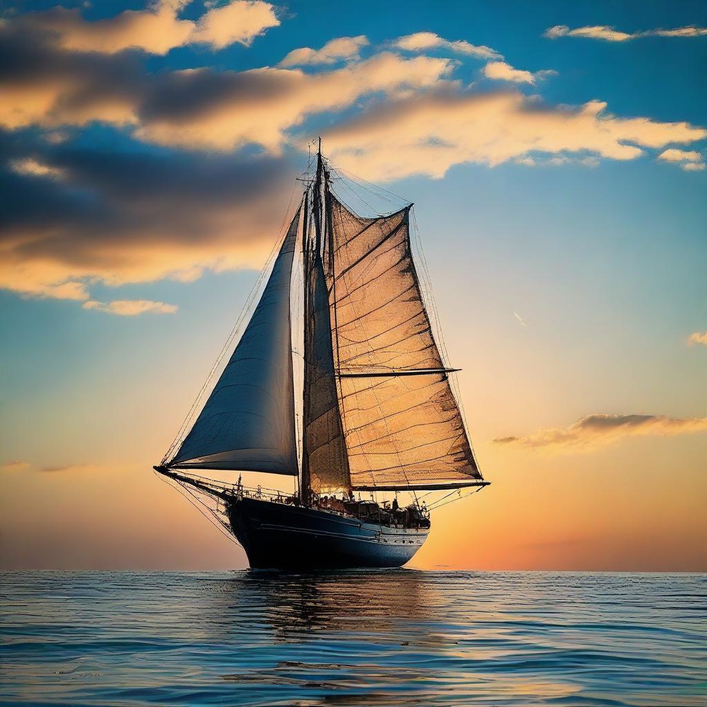 An antique sailboat, navigating through the vast, deep blue ocean under a vibrant sky at sunset.