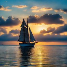 An antique sailboat, navigating through the vast, deep blue ocean under a vibrant sky at sunset.