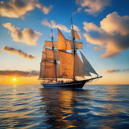 An antique sailboat, navigating through the vast, deep blue ocean under a vibrant sky at sunset.