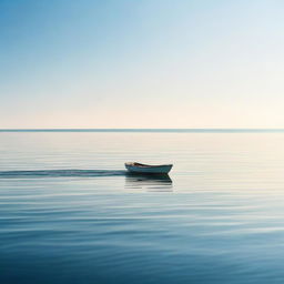 A solitary boat on a vast, tranquil open ocean under a clear sky.