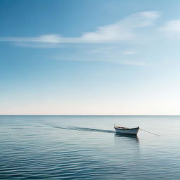 A solitary boat on a vast, tranquil open ocean under a clear sky.