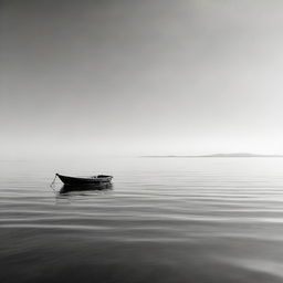 A solitary boat on a vast, tranquil open ocean under a clear sky.