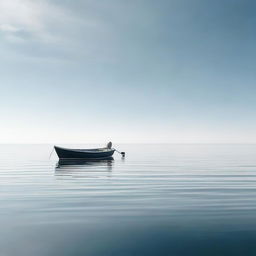 A solitary boat on a vast, tranquil open ocean under a clear sky.