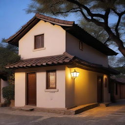 A traditional house with visible roof tiles and walls softly illuminated by an outdoor light. A nearby street lamp casts a gentle light over the scene.