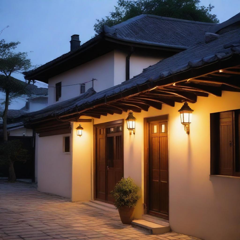 A traditional house with visible roof tiles and walls softly illuminated by an outdoor light. A nearby street lamp casts a gentle light over the scene.