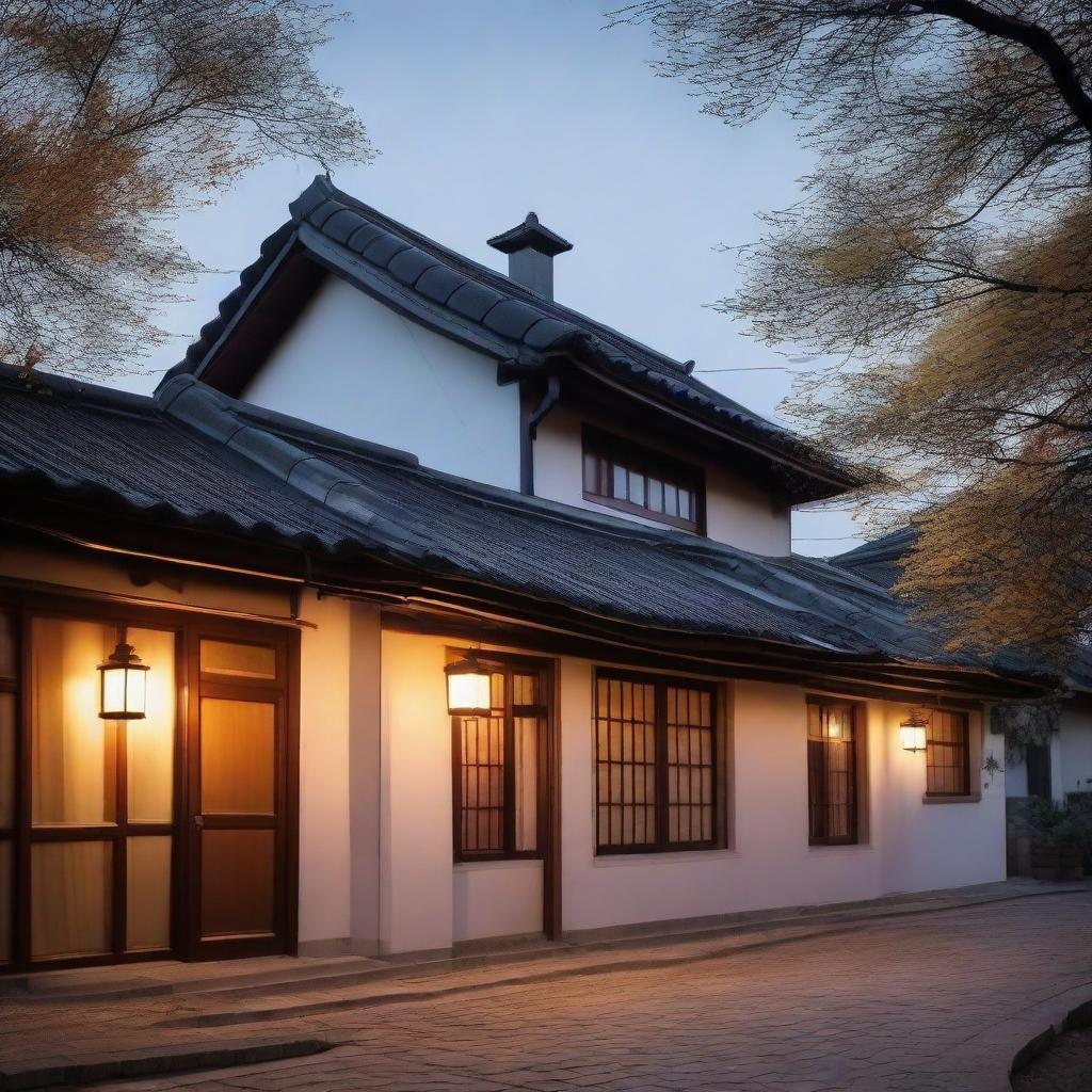 A traditional house with visible roof tiles and walls softly illuminated by an outdoor light. A nearby street lamp casts a gentle light over the scene.