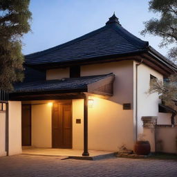 A traditional house with visible roof tiles and walls softly illuminated by an outdoor light. A nearby street lamp casts a gentle light over the scene.