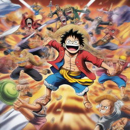 A high quality, vibrant image of the One Piece cartoon characters in a battle scene