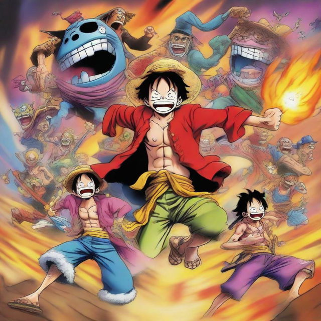 A high quality, vibrant image of the One Piece cartoon characters in a battle scene