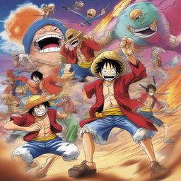 A high quality, vibrant image of the One Piece cartoon characters in a battle scene