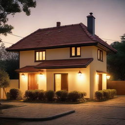 A traditional house with visible roof tiles and walls illuminated by the soft glow of an outdoor light. Include a street lamp in the scene, casting a soft light that illuminates the surroundings.