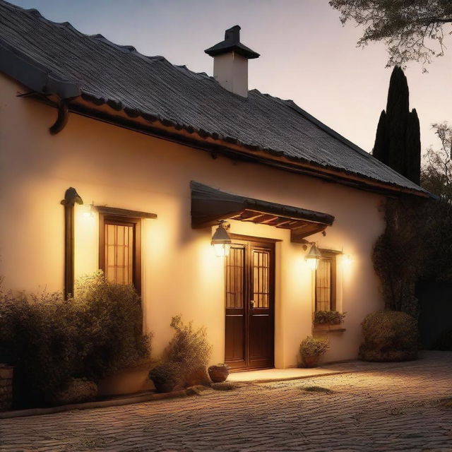 A traditional house with visible roof tiles and walls illuminated by the soft glow of an outdoor light. Include a street lamp in the scene, casting a soft light that illuminates the surroundings.