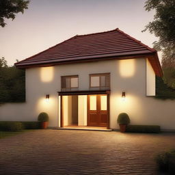 A traditional house with visible roof tiles and walls illuminated by the soft glow of an outdoor light. Include a street lamp in the scene, casting a soft light that illuminates the surroundings.